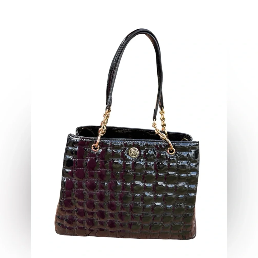 Anne Klein Black Quilted Patent Tote Bag Gold Lion Logo Chain Strap Shoulder Bag